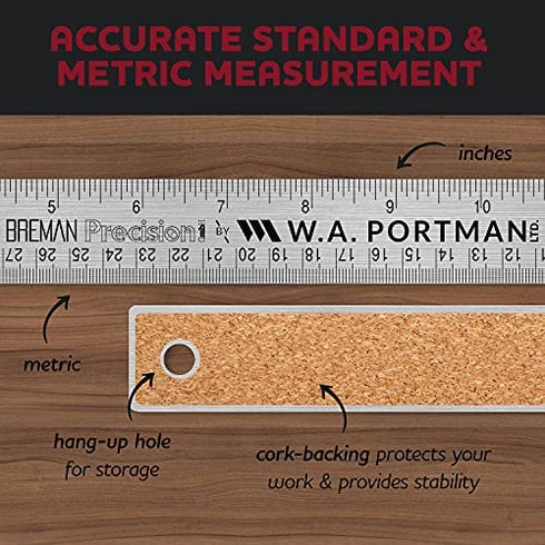 Breman Precision Metal Ruler 36 Inch - Stainless Steel Cork Back Metal Ruler - Premium Steel Straight Edge 36 inch Metal Ruler - Flexible Stainless Steel Ruler - Imperial and Metric Ruler