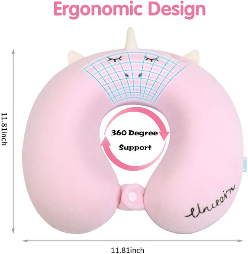 Kids Travel Neck Pillow,Unicorn Memory Foam Pillow with Snap,U-Shaped Airplane Car Flight Head Neck Support Pillow with Washable Cover for Adults Toddler,Gifts for Children,Boys,Girls (Pink)