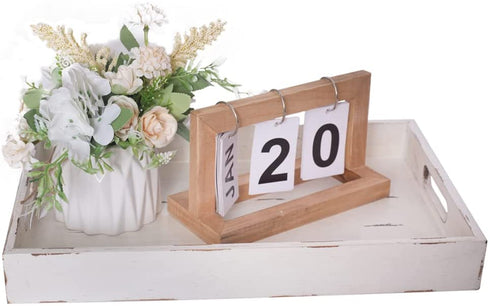 Wooden Tray, Wood Serving Tray with Handles, Farmhouse Coffee Table Tray, Rectangular Decorative Serving Tray for Ottoman, Living Room, 15.7? X 10.2?, Distressed White
