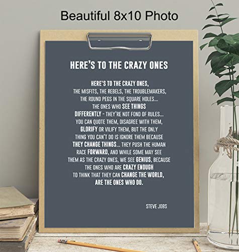Heres to the Crazy Ones Entrepreneurial Motivational Quote -8x10 Art Print, Home Decor - Inspirational Wall Art Poster - Unique Room Decorations for Office, Den - Gift for Entrepreneur, Boss