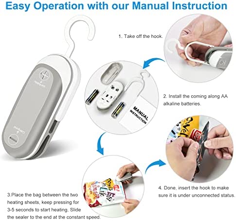 2-in-1 Bag Sealer, longzon Mini Handheld Vacuum Portable Sealer with Hook, Chip Snack Plastic Bag Heat Sealer and Cutter, Resealer Machine Keep Food Fresh, Quenta Sellador De Bolsas,Powerful Batteries