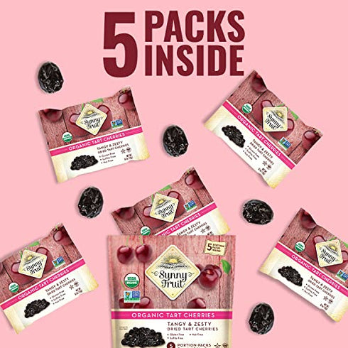 ORGANIC Dried Tart Cherries - Sunny Fruit - (5) 0.7oz Portion Packs per Bag | Purely Cherries - NO Added Sugars, Sulfurs or Preservatives | NON-GMO, VEGAN, HALAL & KOSHER