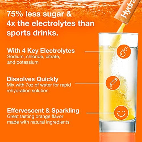 Hydralyte Low Sugar Rapid Rehydration - Lightly Sparkling Electrolyte Powder Packets, 8 oz Serve | Orange Hydration Packets | Hydration for Heat, Travel, Exercise and Bachelorette Parties (12 Count)
