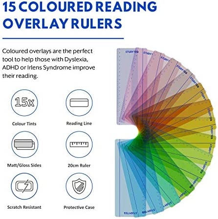 15 x Studyteq Professional Dyslexia Colored Reading Overlays and Rulers + Protective Case | Reading Tracking Rulers for Visual Stress, Dyslexia, Irlens Syndrome, and ADHD