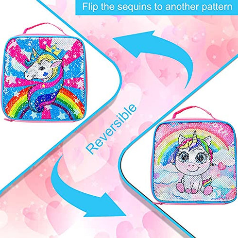 Unicorn Lunch Box, Girls Insulated Bag, Kids Reversible Sequin Flip Color Change