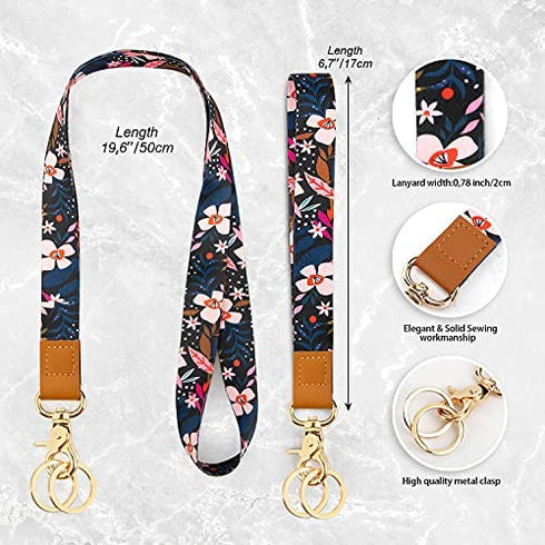 Wrist and Neck Lanyards for ID Badge Keys for Women Kids Teacher 2 Pack?Cute Car Key Neck Lanyards with 4 Keychain Multicolor Flower Pink