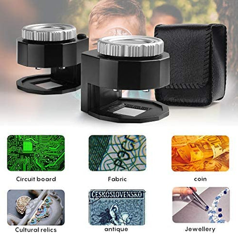 30X Illuminated Loupe Magnifier, Adjustable Focal Length Coin Magnifier with Light Double Optical Lens, Jewelers Magnifying Glass for Coins Textile Embroidery Stamps Currency