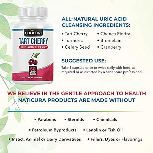Naticura Tart Cherry Uric Acid Cleanse - Uric Acid Joint and Muscle Support Supplement - Tart Cherry with Turmeric, Cranberry, Pomegranate, Celery Seed Extract, Bromelain - 60 Tart Cherry Capsules
