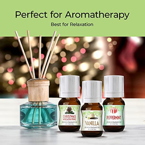 Winter Essential Oil Set of 6 Fragrance Oils - Christmas Wreath Pine, Vanilla, Peppermint, Cinnamon, Sugar Cookie, and Gingerbread by Good Essential Oils