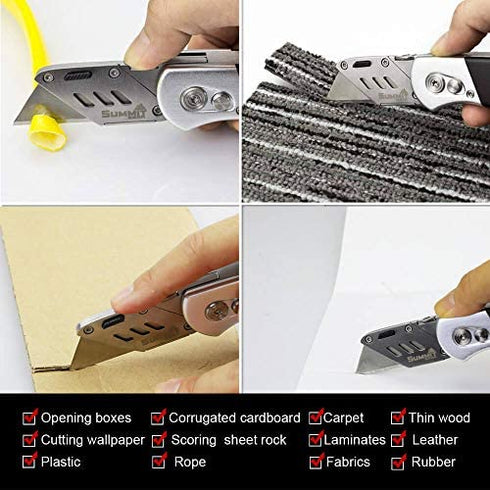 Heavy Duty Folding Utility Knife Dual Blade/Box Cutter with Leather Sheath + 5 SK5 Blades (Professional Grade)