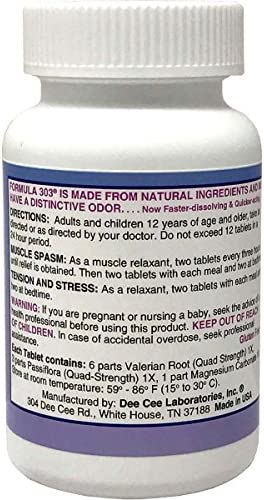 Dee Cee Labs Formula 303 Maximum Strength All-Natural Relaxant Tablets, 250 Tablets; All-Natural Relaxant containing Magnesium for Sore Muscles, Passion Flower, and Valerian Root