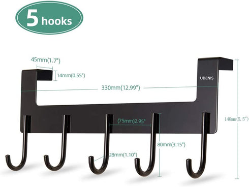 Over Door Hanger Heavy-Duty Hook, Hanging Clothes,Coat,Bag,Robe,Towel,Bathroom,Closet,Back of Door Hanger,Sturdy Anti-Rust Lightweight 5-Hooks Aluminum Black