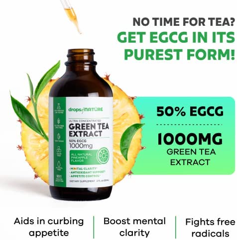 Green Tea Extract - 1000mg - 50% EGCG - Green Tea Liquid Drops, 4x more Powerful than Pills & Capsules - 2oz. Antioxidant & Immune Supplement - Vegan Skin & Heart Support + Brain Health & Memory Boost