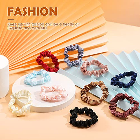 12 Pieces Small Silk Scrunchies for Hair Mini Satin Scrunchy Elastic Ponytail Holders Thin Hair Bands Thick Curl Hair Ties Skinny Hair Ties Ropes for Women Girl (Fresh Color)