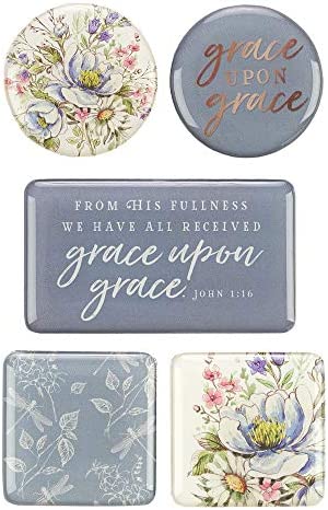 Christian Art Gifts Blue Flower Refrigerator Magnets | Grace Upon Grace - John 1:16 Bible Verse | Grace Upon Grace Collection Inspirational Fridge Magnet Mini Variety Set/5