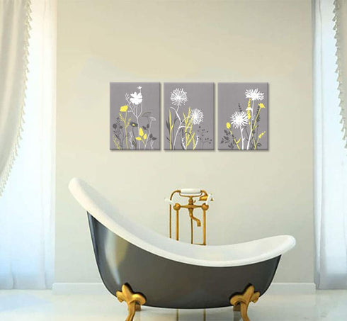 Zlove 3 Pieces Yellow Grey White Bathroom Wall Art Simple Life Bath Flower Leaves Art Print on Canvas Stretched and Framed for Modern Home Decor Ready to Hang 12x16inchx3pcs