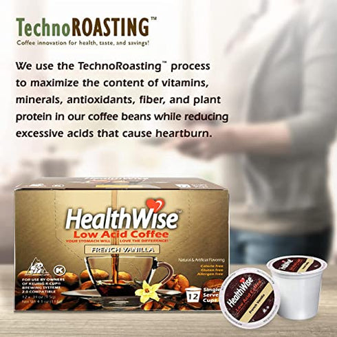Healthwise French Vanilla Low Acid Coffee K-Cups - Acid Reflux, Heartburn, Gastro Issues - Healthier Coffee For Sensitive Stomachs - Available In 4 Different Flavors - 12 Count (Pack of 1)