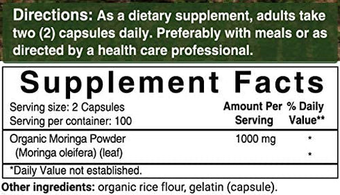 Moringa Capsules (Made with Organic Moringa Powder), 1000mg Per Serving, 200 Counts, Strong Antioxidant to Repair, Protect, Nurture Your Skin Cells and Support Immune System, Non-GMO