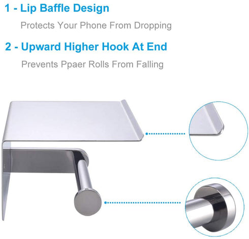 APLusee Toilet Paper Holder with Phone Shelf Polished Chrome, SUS 304 Stainless Steel Bathroom Accessories Tissue Roll Dispenser Storage Wall Mounted