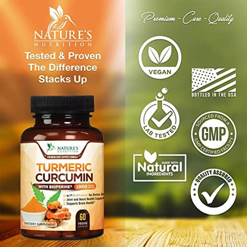 Turmeric Curcumin with BioPerine 95% Curcuminoids 1950mg - Natural Joint & Healthy Inflammatory Support, Black Pepper for Max Absorption, Nature's Tumeric Extract Supplement - 60 Capsules