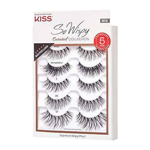 KISS So Wispy Curated Collection of Bestselling False Eyelash Styles Multipack, Volume & Curl, Lash Extensions Look, Signature Wispy Effect, Cruelty Free, Reusable, Contact Lens Friendly, 5-Pair