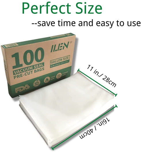 ILEN Vacuum Sealer Bags 100 Count Gallon Size Pre-cut 11x16 Inches with BPA Free Heavy Duty for Food Saver, Sous Vide
