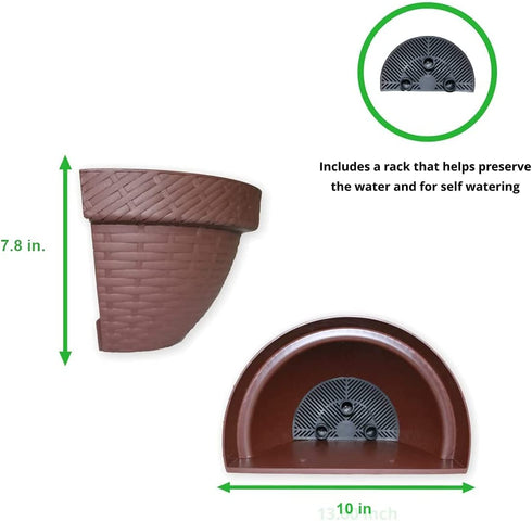 Elly D©cor Set of 2 10" Wall Modern, Resistant and Self Watering Planter Plates for Indoor or Outdoor Areas Durable Plastic Plant Pots with Rattan-Like Finish, Chocolate Brown