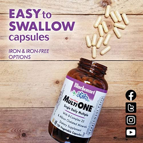 Bluebonnet Nutrition Multi One (iron Free) Vegetable Capsules for Complete Full Spectrum Multiple, B Vitamins, General Health, Gluten free, milk free, kosher, 60 Vegetable Capsules, 2 Month Supply