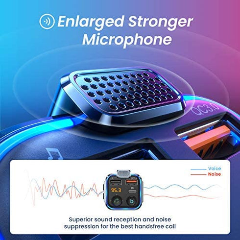 AINOPE 2023 Upgraded Bluetooth FM Transmitter for Car Adapter, Stronger Microphone & Bass Sound Bluetooth Radio Transmitter Car Adapter, Support 42W PD+QC3.0, 7 Colors LED Backlit, Wireless Call