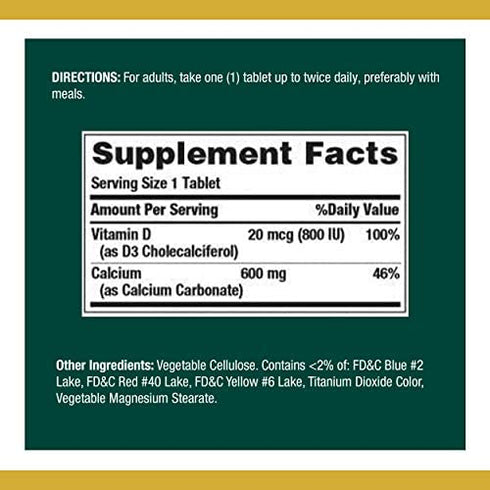 Calcium Carbonate & Vitamin D by Nature's Bounty, Supports Immune Health & Bone Health, 600mg Calcium & 800IU Vitamin D3, 250 Tablets