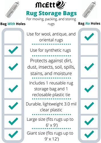 Rug Storage Bag and Zip Tie - NO Vent Holes - Large Size Fits Rugs up to 6' x 9' - Protects Rolled Rugs for Moving or Storage