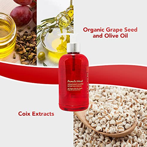 Thann Aromatic Wood Aromatherapy Hair Shampoo for Men and Women - Detoxifying Shampoo with Organic Olive Oil, Grape Seed Oil and Coix Extracts, Silicone & Paraben Free, Fresh Scent, 250 ML (8.5 Fl Oz)