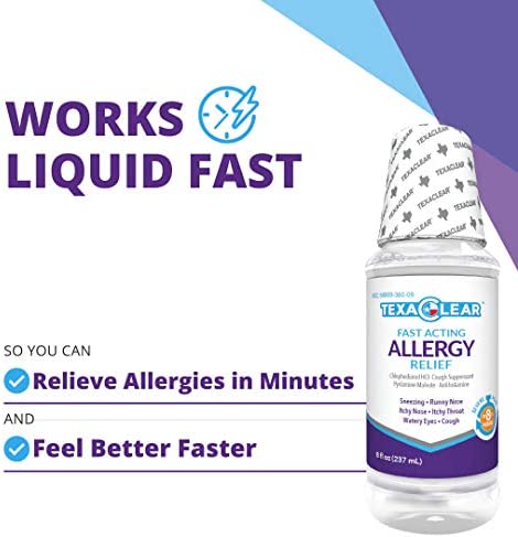 TexaClear Allergy Relief - Fast Acting Dye Free Liquid Cough Suppressant & Antihistamine – 8 Hour Relief (8 fl oz)