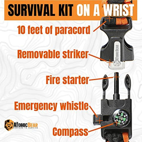 Atomic Bear Paracord Bracelet (2 Pack) - Adjustable - Fire Starter - Loud Whistle - Perfect for Hiking, Camping, Fishing and Hunting - Black & Black+Orange