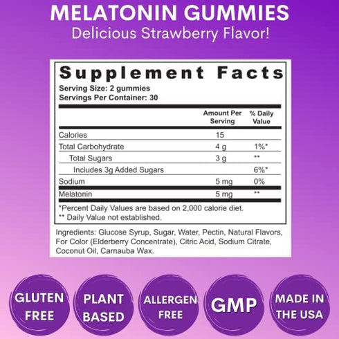Vitafive Extra Strength Melatonin Gummies 5mg for Adults- Gummy Vitamins - Eco Friendly, Natural Strawberry Flavor, Vegetarian, Gluten Free, Allergen Free, Kosher, Halal - 60 Count