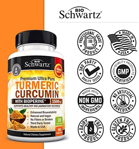 Turmeric Curcumin with BioPerine 1500mg - Natural Joint & Healthy Inflammatory Support with 95% Standardized Curcuminoids for Potency & Absorption - Non-GMO, Gluten Free Capsules with Black Pepper.