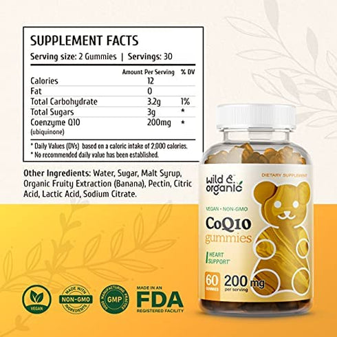 Wild & Organic CoQ10 Gummies 200 mg - Natural Coenzyme Q10 Nutritional Supplement - Antioxidant Support, Helps Promote Brain & Heart Wellness, Boost Energy Levels - 60 Banana-Flavored Chewable Bears