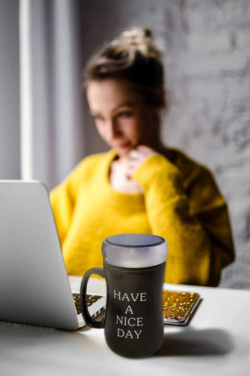 Have a Nice Day Travel Mug Funny Novelty Ceramic Coffee Cup with Plastic Stainless Color lid with Middle Finger on the Bottom Unique Funny Gift Idea 14 oz Black Funny Mugs makes Funny Gifts Fun