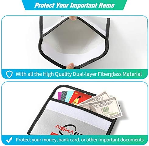 2PACK 8"x 5" Fireproof Money Bag,Small Fireproof Bag,Fireproof Wallet Bag, Non-Itchy Silicone Coated Fire & Water Resistant Safe Bag. Fireproof Safe Storage for Money,Keys,Jewelry and Passport