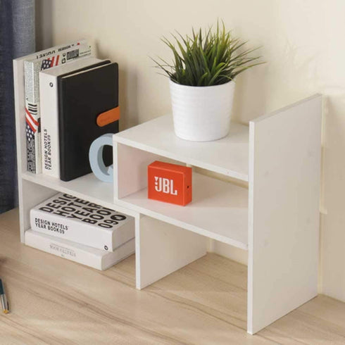 Expandable Wood Desktop Bookshelf Desktop Organizer Office Storage Rack Wood Display Shelf - Free Style Display True Natural Stand Shelf Rack Assembled Bookcase Adjustable Display Rack, White