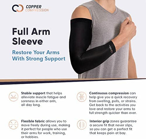Copper Compression Arm Brace - Copper Infused Sleeve for Arms, Forearm, Bicep. Tennis Elbow, Basketball, Golf, Arthritis, Tendonitis, Bursitis, Osteoporosis, Rehab, Post Surgery, Physical Therapy. (M)