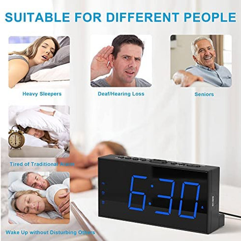 Loud Alarm Clock for Heavy Sleepers,Vibrating Alarm Clock for Hearing Impaired Deaf,Annoying Alarm Clock,USB Port,Dual Alarm with Snooze,7" Large Dimmable LED Display,Battery Backup,Easy to Use,DST