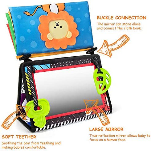 teytoy Tummy Time Floor Mirror with Crinkle Cloth Book and Teethers, High Contrast Black and White Baby Toys, Developmental Montessori Sensory Crawling Toy for Newborn Infant Toddler 0 3 6 Months Gift