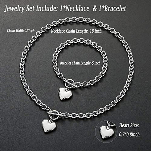 Silver 18k Gold Rose Gold Plated Charm Chunky Stainless Steel Chain Heart Toggle Choker Bracelet Necklace Set for Womens Girls Fashion Valentine Jewelry Set