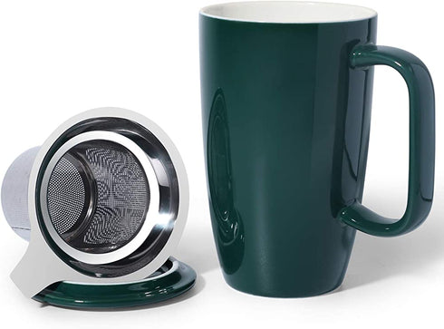 Sunddo Porcelain Tea Mug with Infuser and Lid, 15 OZ, Jade