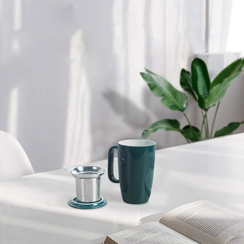Sunddo Porcelain Tea Mug with Infuser and Lid, 15 OZ, Jade