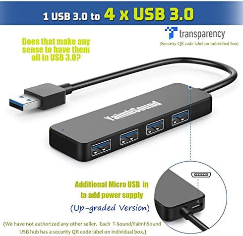 4-Port USB Hub 3.0, T-Sound USB Splitter for Laptop, Ps4 Keyboard and Mouse Adapter for Dell, Asus, HP, MacBook Air, Surface Pro, Acer, Xbox, Flash Drive, Mobile HD, Console, Printer, Camera