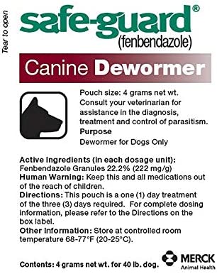 Safe-Guard (fenbendazole) Canine Dewormer for Dogs, 4gm pouch (ea. pouch treats 40lbs.)