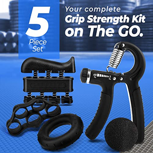 Grip Strength Trainer Kit (5 Piece Set), Adjustable Hand Grip Exerciser Strengthener, Hand Strengthener, Forearm Strengthener, Hand Squeezer Grip Strength, Strength Training Hand Strengtheners