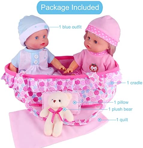 Baby Doll Cradle Bassinet Portable Doll Carrier Carry Bag,Soft Pillow Quilt Plush Bear Doll Clothes Outfits Included,for 9-10-11-12 Inch Alive Baby Doll Reborn Newborn Baby Doll Accessories Gift-wrap